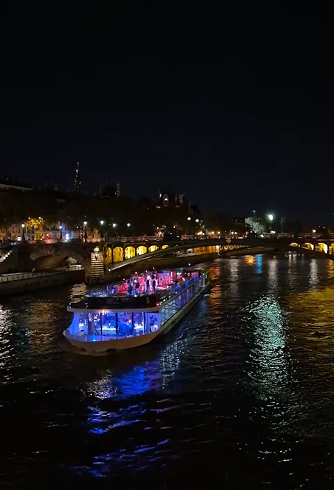 The river Saine at night, a boat with colorful lights is visible.