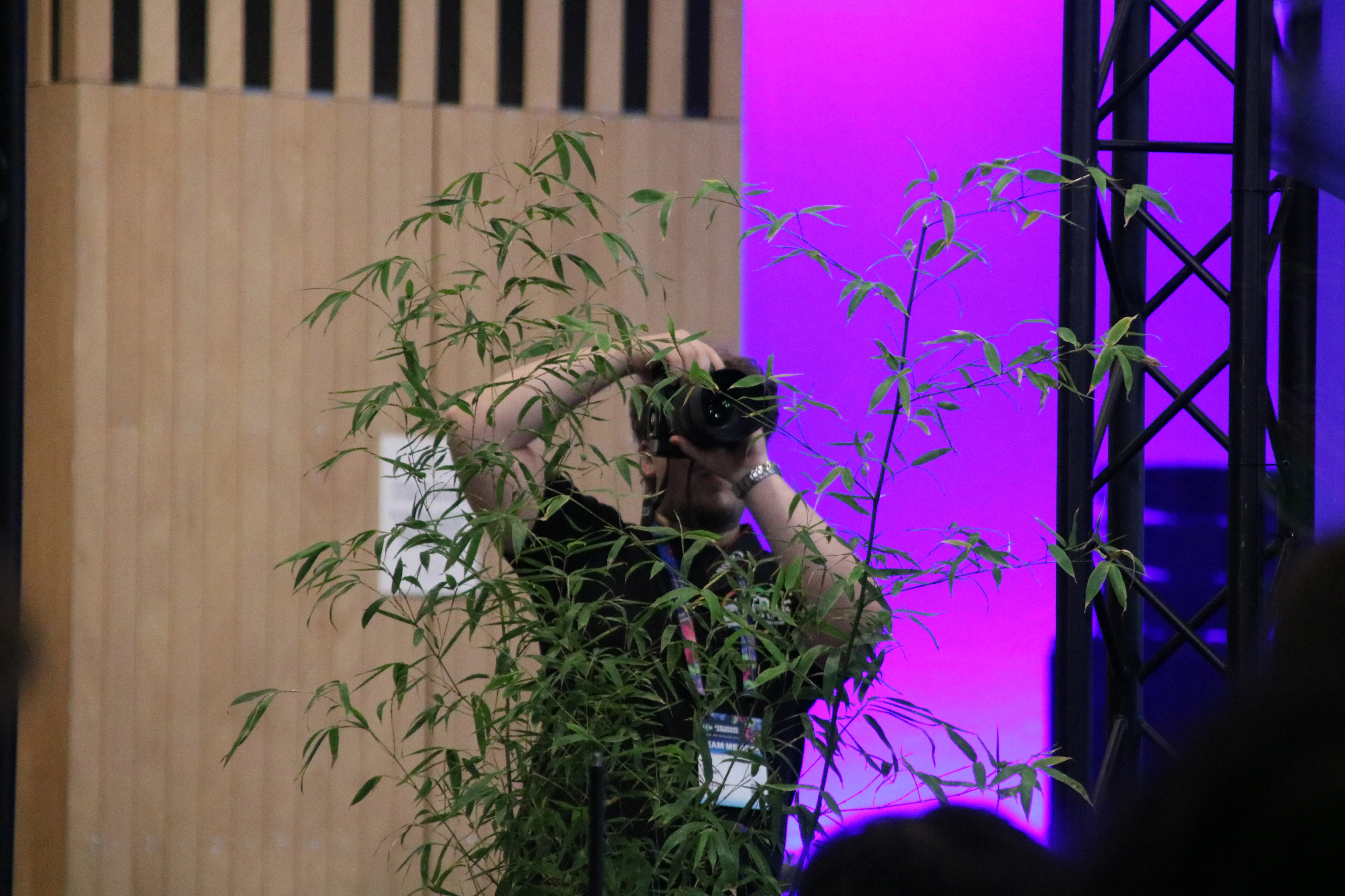 A TRAPS member taking pictures from behin a plant.