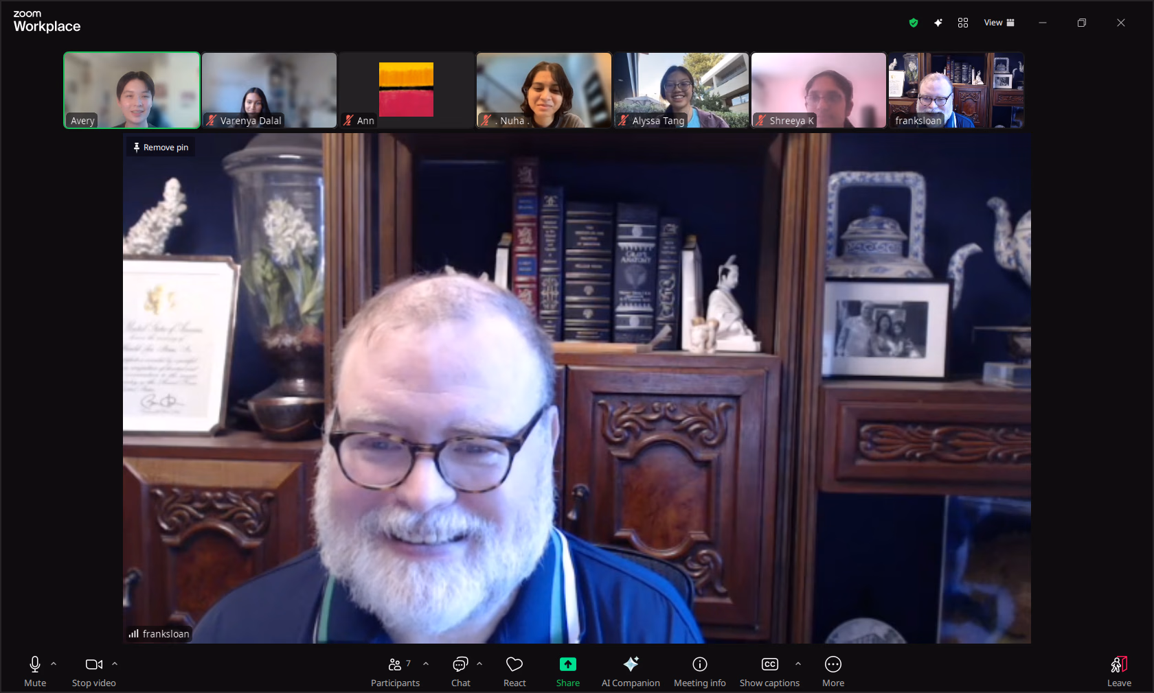 Screenshot of a zoom meeting with Frank Sloan and members of the team.