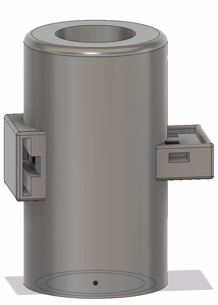 CAD render of a cylindrical vial holder with a sensor slot on each side