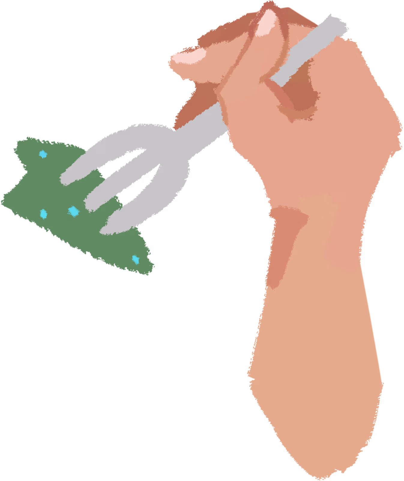 Painted hand holding a fork with a piece of fish