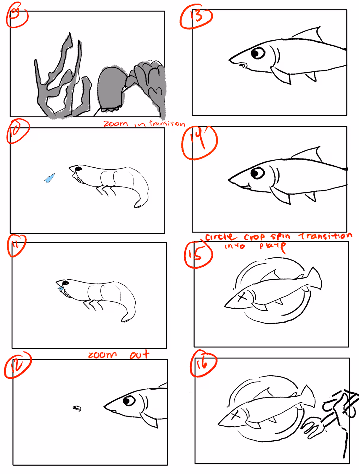 Storyboard sketches of a hand, a fish and figures eating, numbered shot by shot