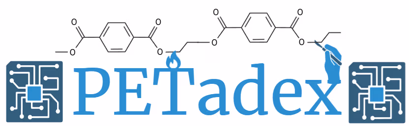 Logo reading PETadex under a chemical structure, with circuit-board icons on each side