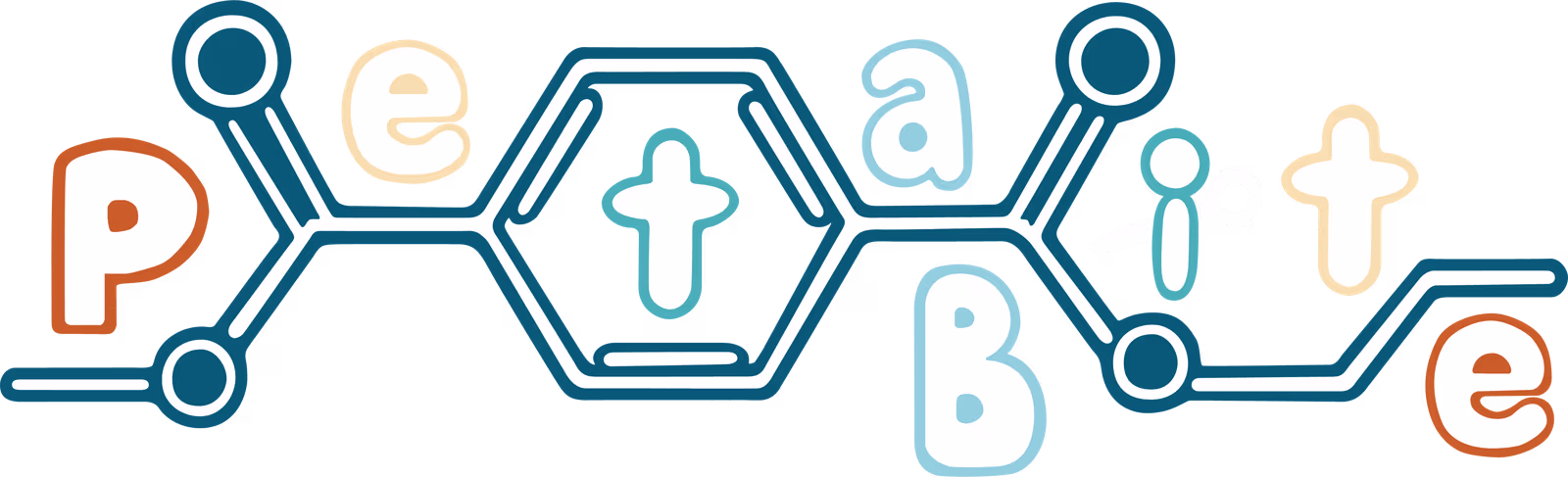 The PetaBite logo: the letters P, e, t, a, B, i, t, e set in a chain of molecule rings