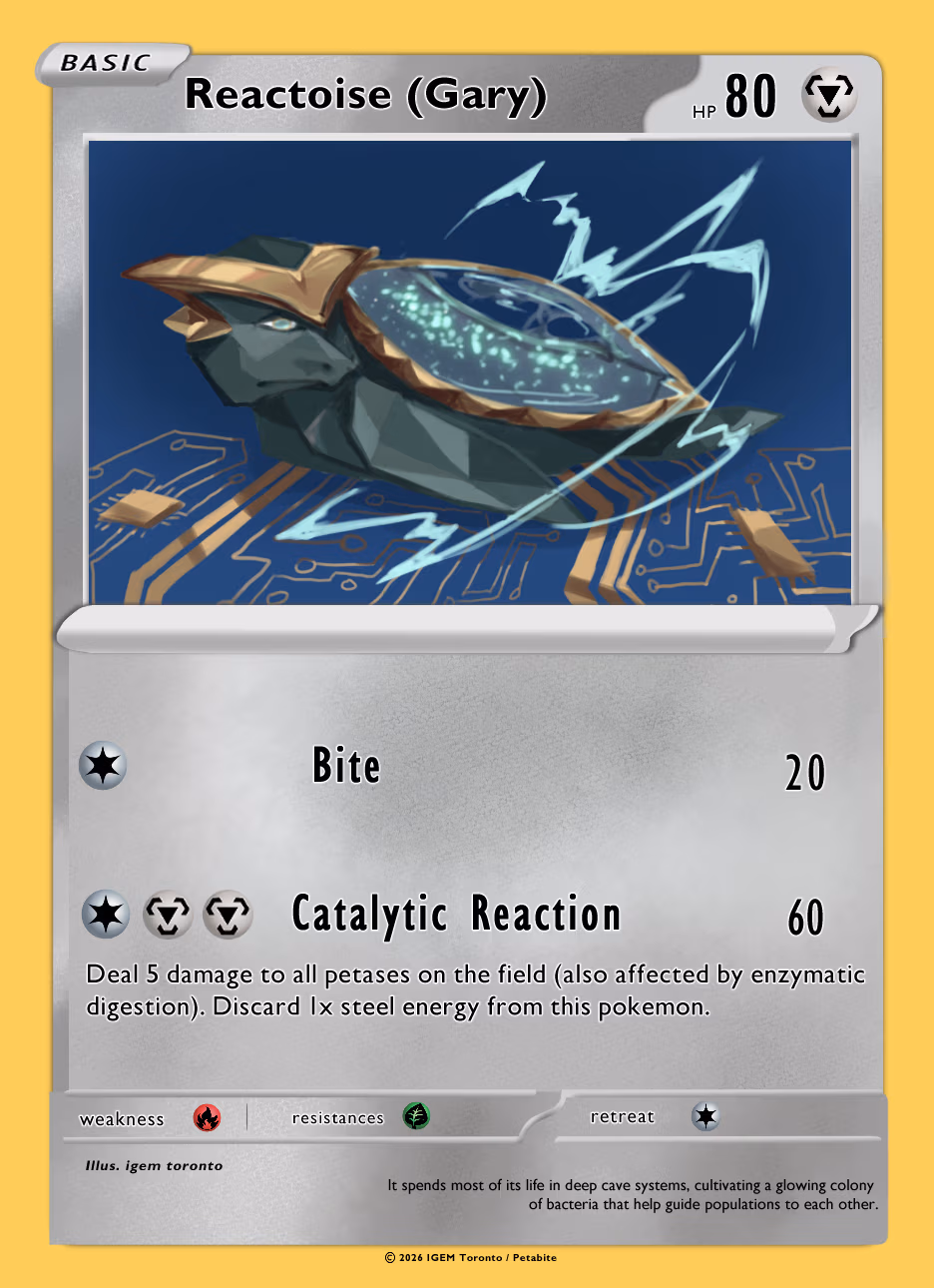 Trading card for Reactoise, a turtle PETamon, with the moves Bite and Catalytic Reaction