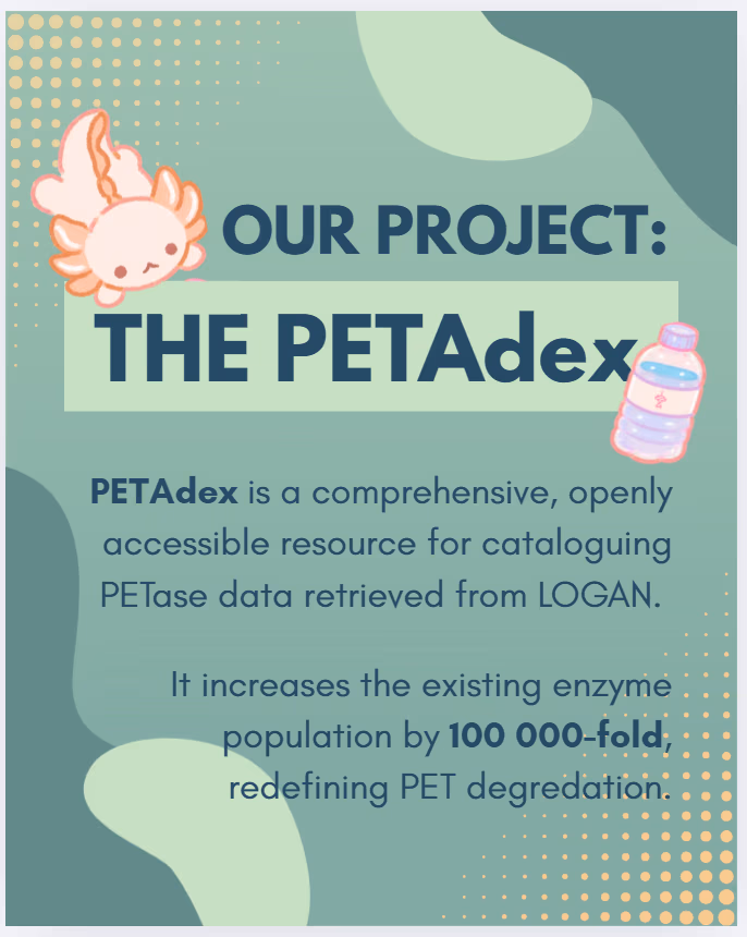 Instagram slide titled Our project: the PETadex, with an axolotl holding a bottle
