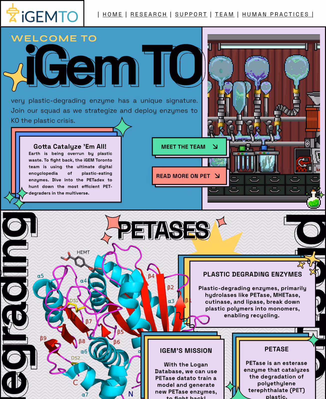 Bold, collage-style landing page mockup reading Welcome to iGem TO, with a cartoon lab machine