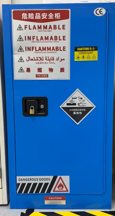 Labeled hazardous-materials cabinet used for storing laboratory chemicals