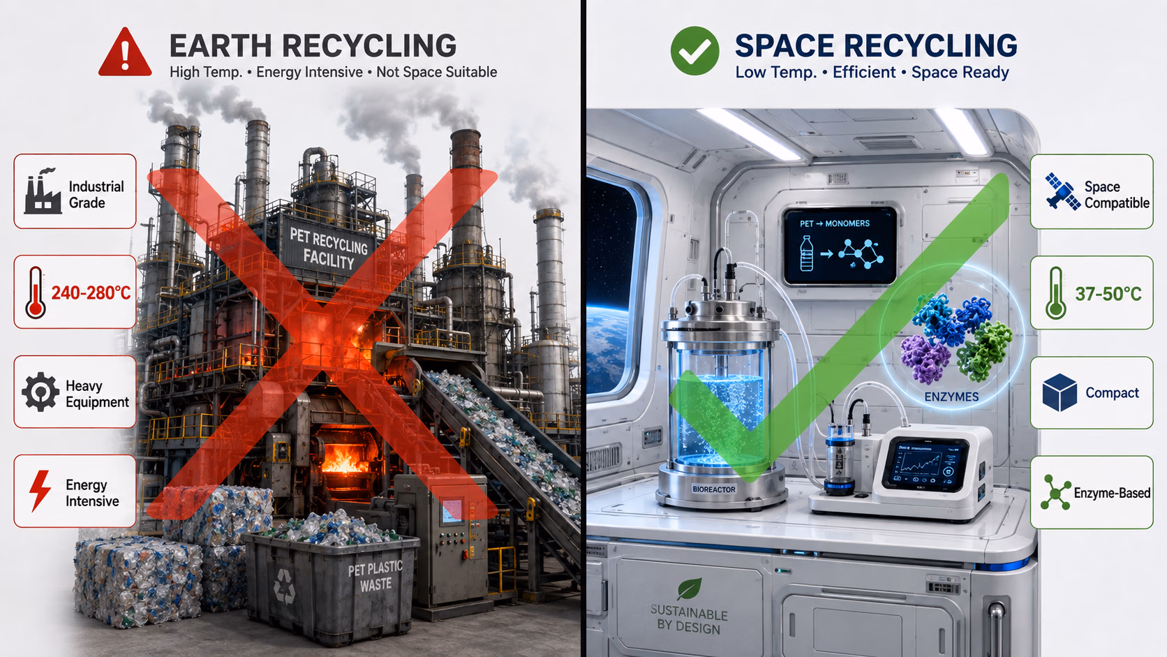 Earth recycling versus space recycling: a high-temperature, energy-intensive industrial PET plant crossed out on the left; a low-temperature, compact enzymatic bioreactor in a station module ticked on the right