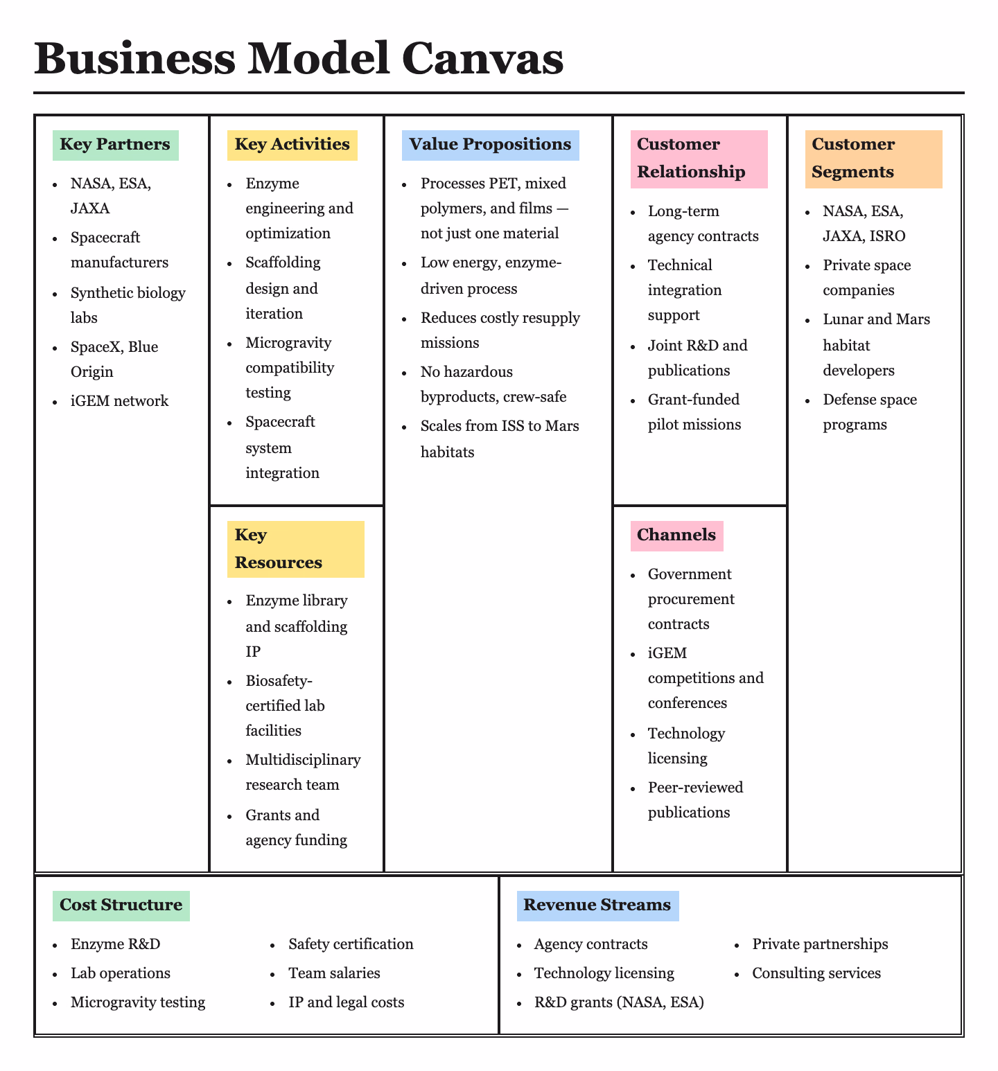 Business Model Canvas for SynPETic with nine blocks: key partners, key activities, key resources, value propositions, customer relationships, channels, customer segments, cost structure and revenue streams