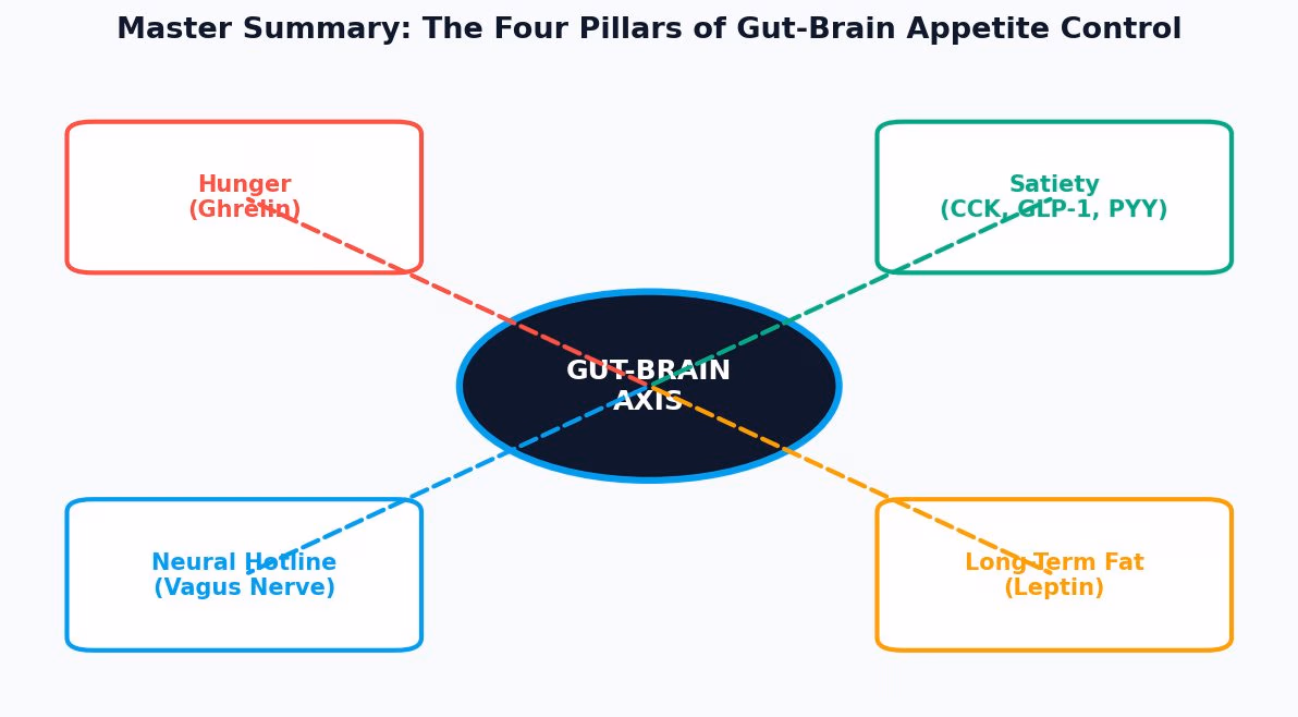 The gut-brain axis at the center of a dark ellipse with four boxes connected by dashed lines: hunger, satiety, the vagus nerve, and long-term fat signalling.