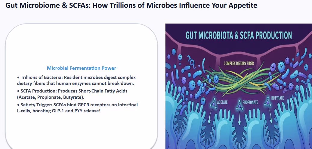 A panel on microbial fermentation beside an illustration of gut microbiota breaking down dietary fiber into short-chain fatty acids.