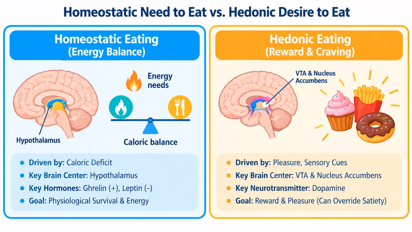Two panels side by side: homeostatic eating driven by caloric deficit, and hedonic eating driven by pleasure and sensory cues, annotated as able to override satiety.