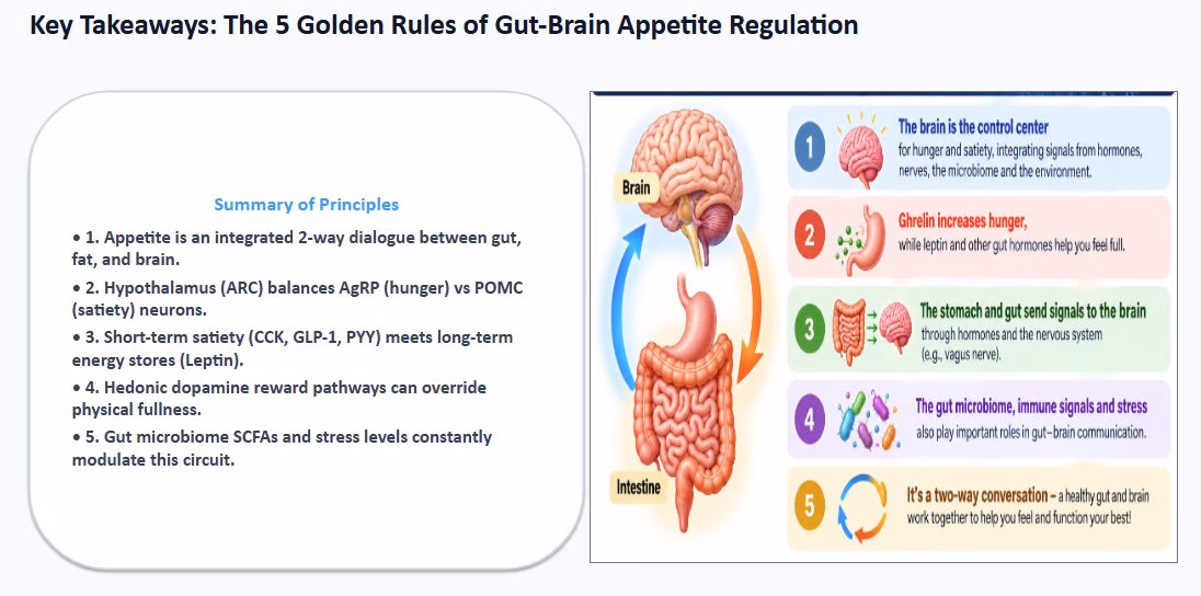 Five numbered closing rules alongside an anatomical illustration running from brain to intestine.