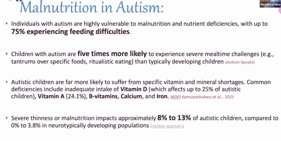 Four findings with sources on vulnerability to malnutrition and nutrient deficiency in autism.