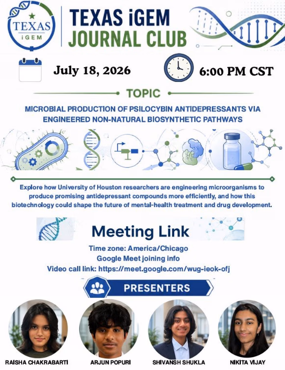 Journal Club 01 flyer: Texas iGEM Journal Club, 18 July 2026 at 6:00 PM CST, topic and meeting link, with photographs of the five presenters.