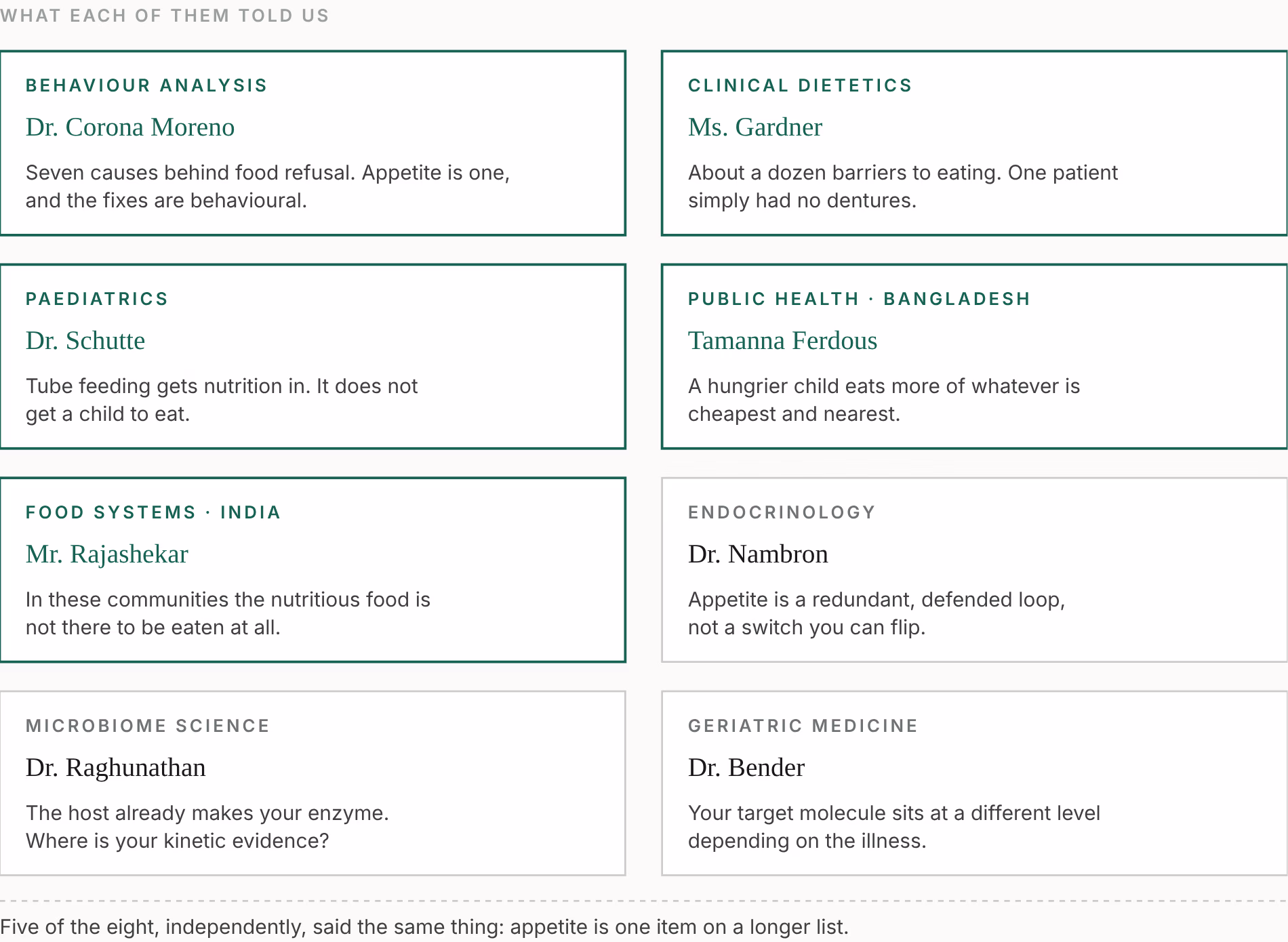 Eight panels, one per expert, each carrying their discipline and the single most consequential thing they told us. Five panels are outlined in green.
