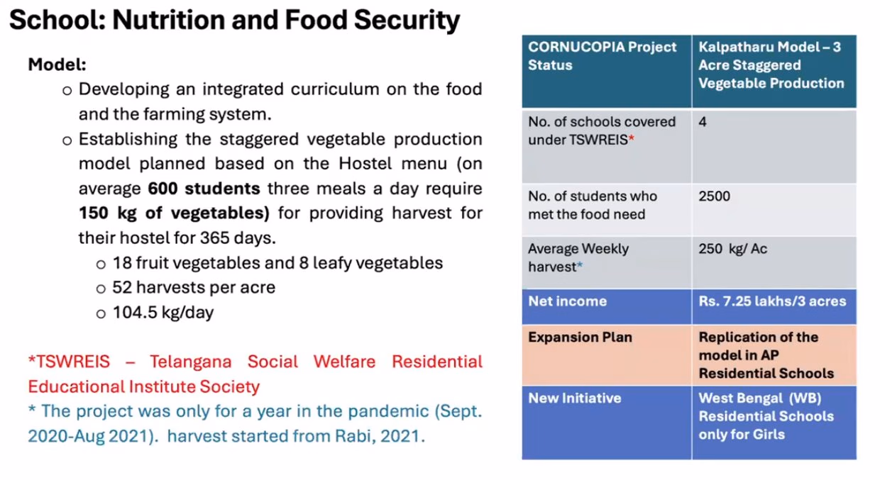 A school nutrition and food security model with its production arithmetic, beside a status table for the CORNUCOPIA project.