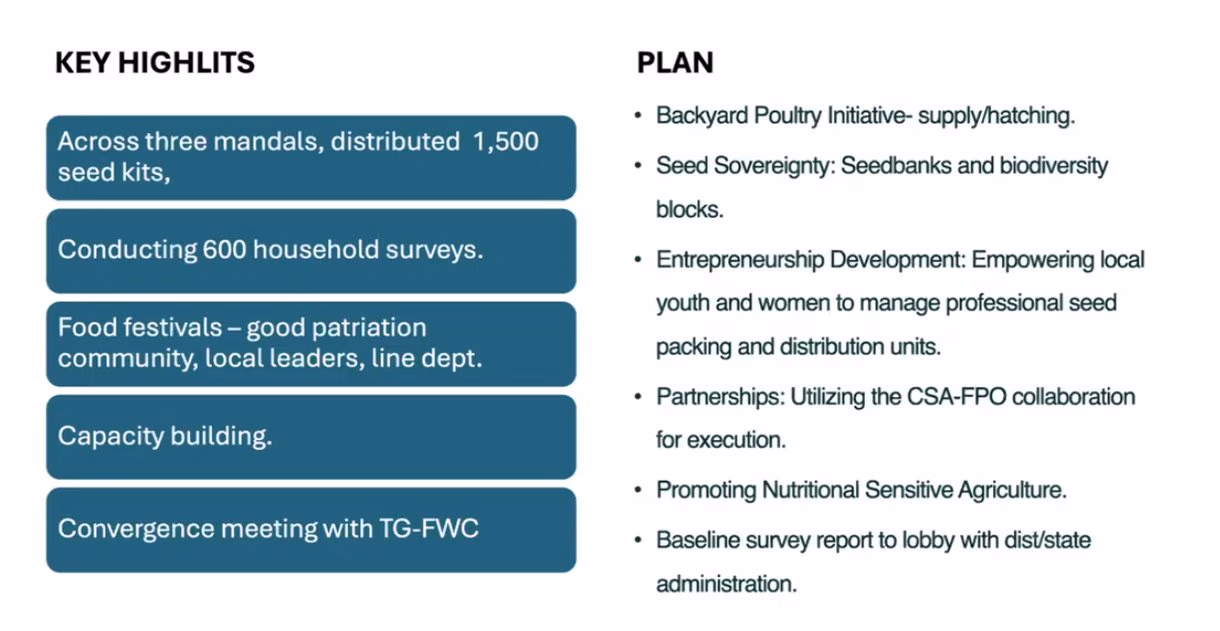 Key highlights on the left and the forward plan on the right for the malnutrition program.