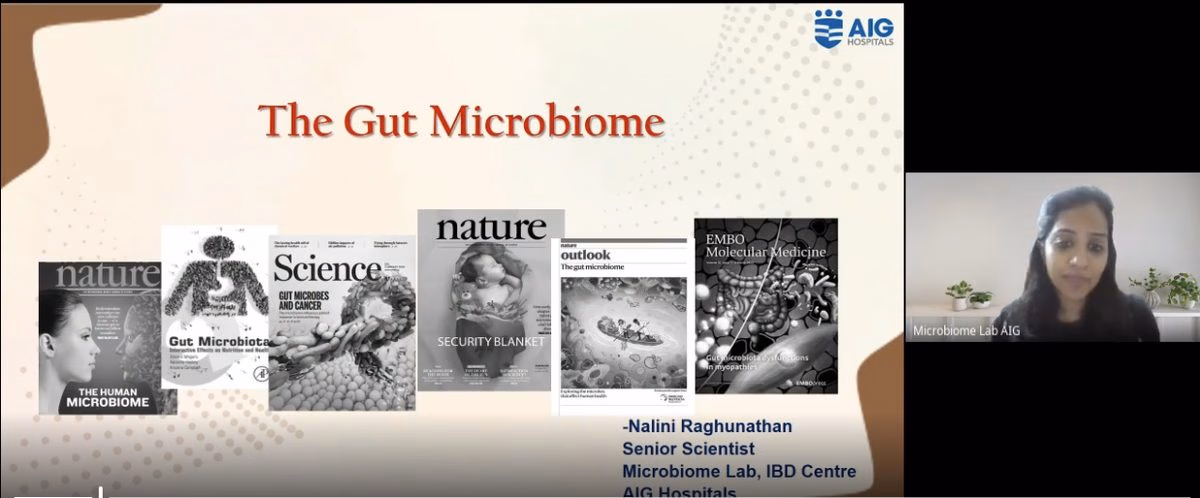 Title slide reading The Gut Microbiome over a montage of journal covers, with the speaker's name, affiliation and webcam feed.