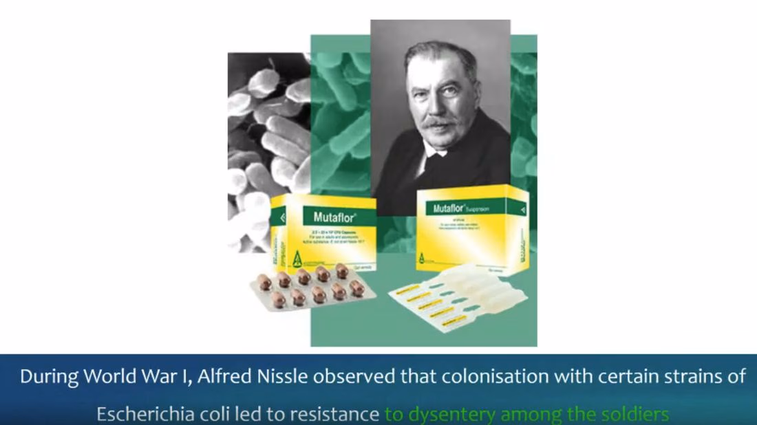 Electron micrographs and a portrait of Alfred Nissle beside present-day Mutaflor packaging: capsules, suspension and sachets.