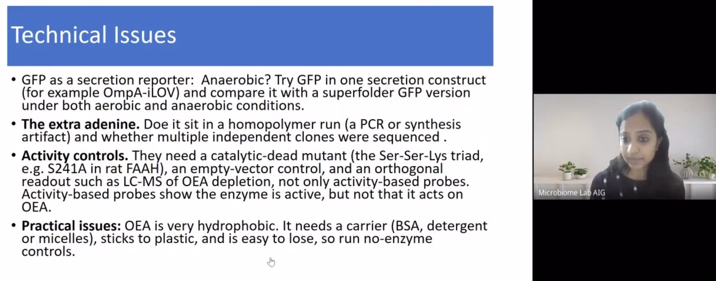 Four bullets under a blue header covering GFP as a secretion reporter, the extra adenine, activity controls, and practical issues with a hydrophobic substrate.
