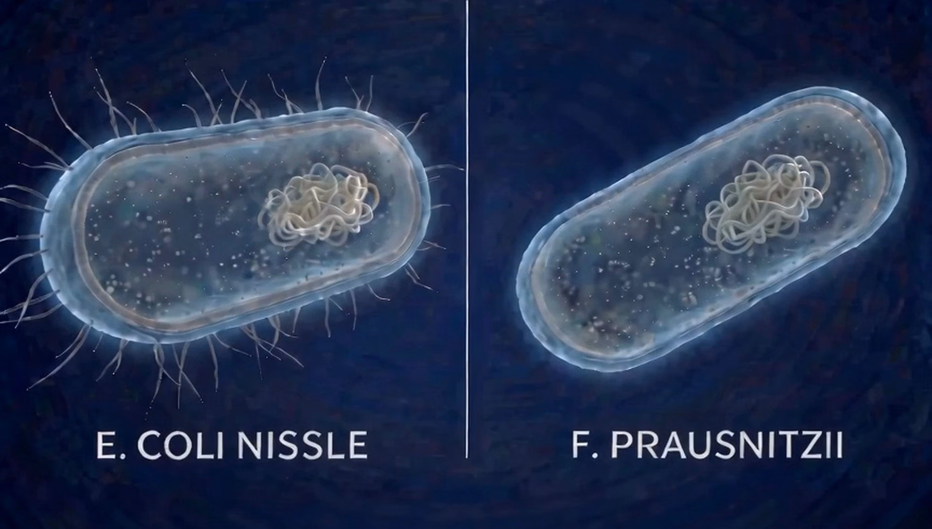 Two bacteria side by side, labelled E. coli Nissle and F. prausnitzii.