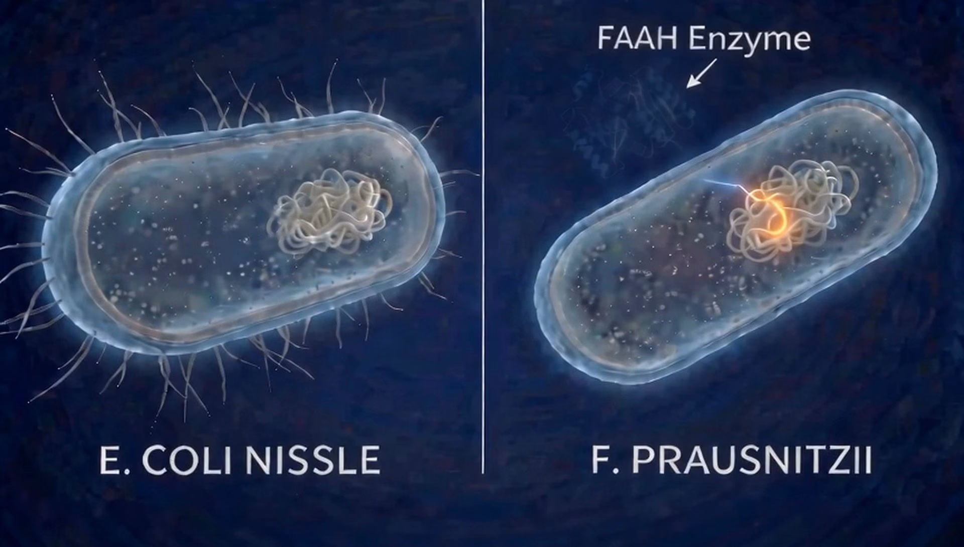 The same two bacteria, with a protein structure labelled FAAH enzyme appearing beside F. prausnitzii.