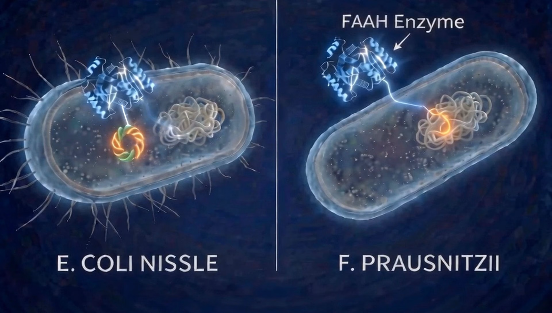 The FAAH enzyme transferring across to E. coli Nissle, where a small circular plasmid becomes visible inside the cell.