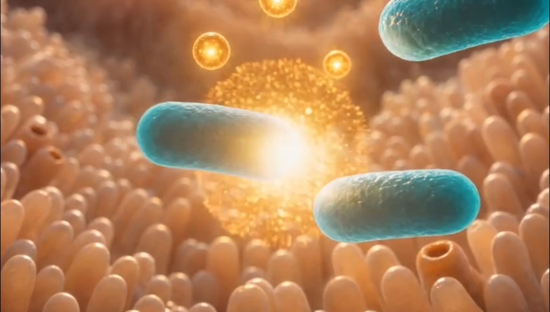 Engineered bacteria among the intestinal villi, releasing glowing molecules into the gut.